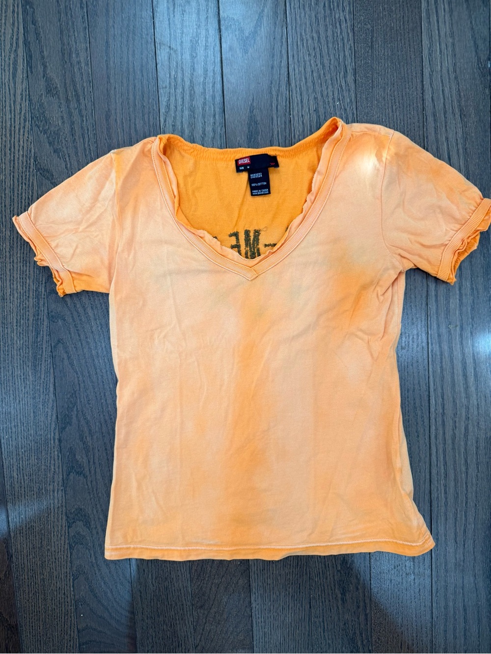 Diesel cotton distressed Orange Short Sleeve V-Neck Tee size M